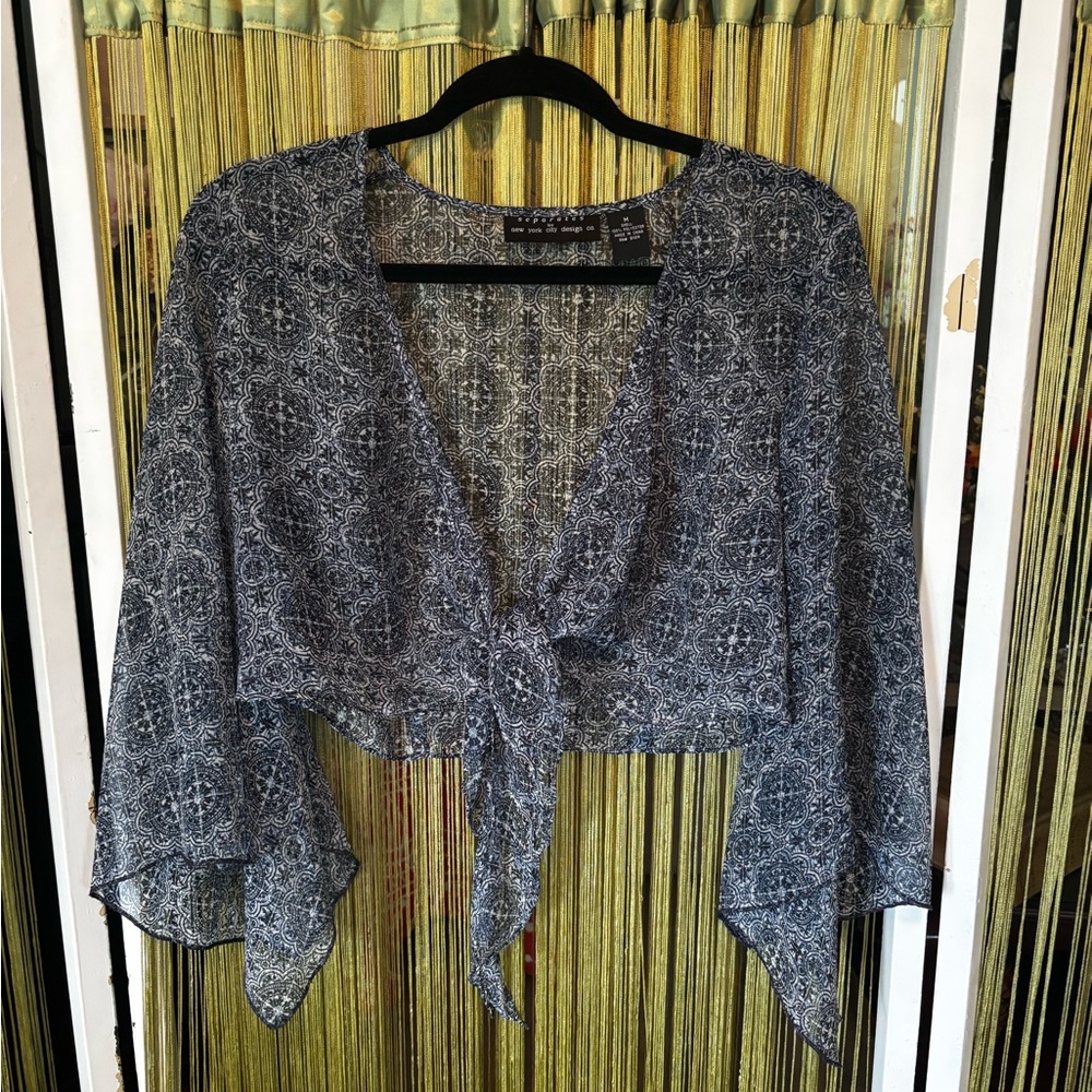 Boho Sheer Multi Patterned Tie-Front Blouse